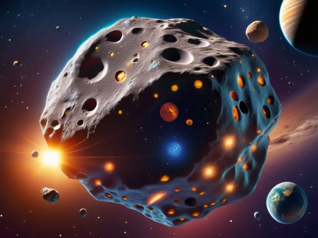 A stunning photorealistic image of an asteroid, with intricate details of its surface visible