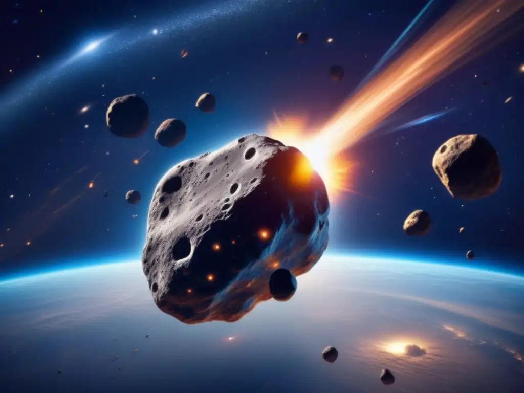 A stunning photorealistic image of an asteroid hurtling through space, with visible scratches and grooves on its surface