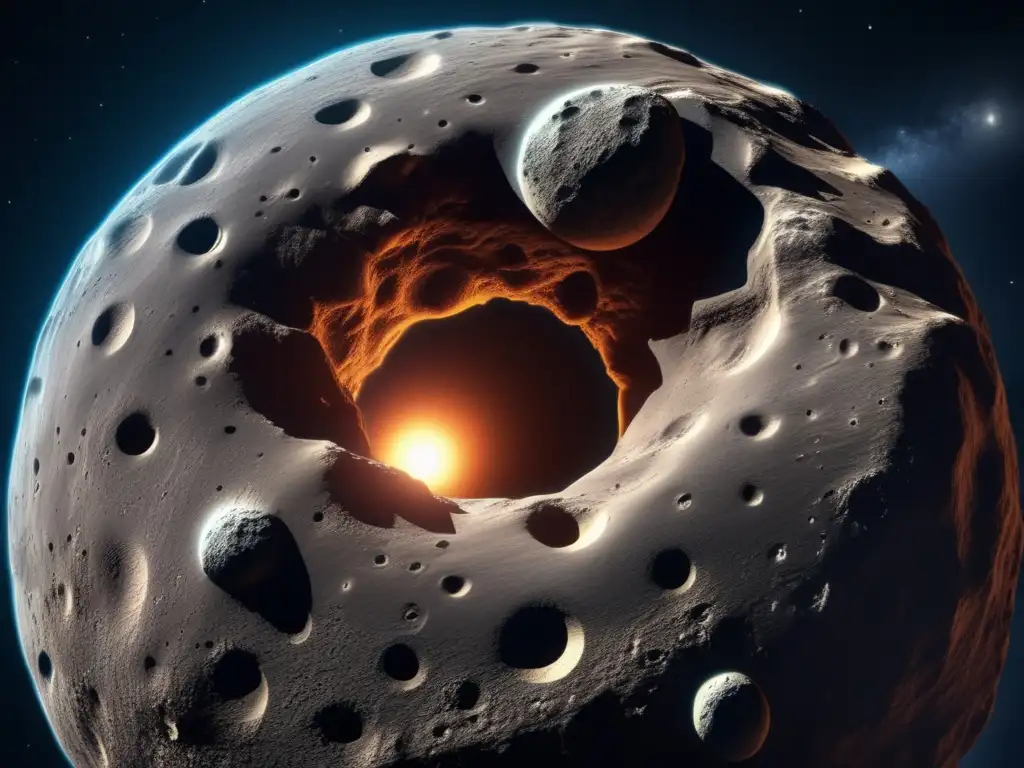 A highly detailed and photorealistic image of an asteroid at 8k resolution, showcasing its rugged surface, pores, and craters