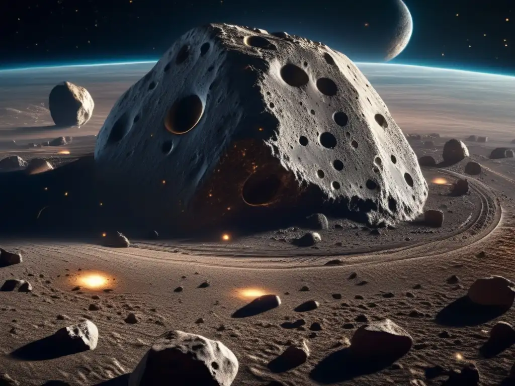 Stunning Asteroid Closeup: Photorealistic 3D Supernova Capture A breathtaking closeup of a gargantuan asteroid, textured and patterned to perfection