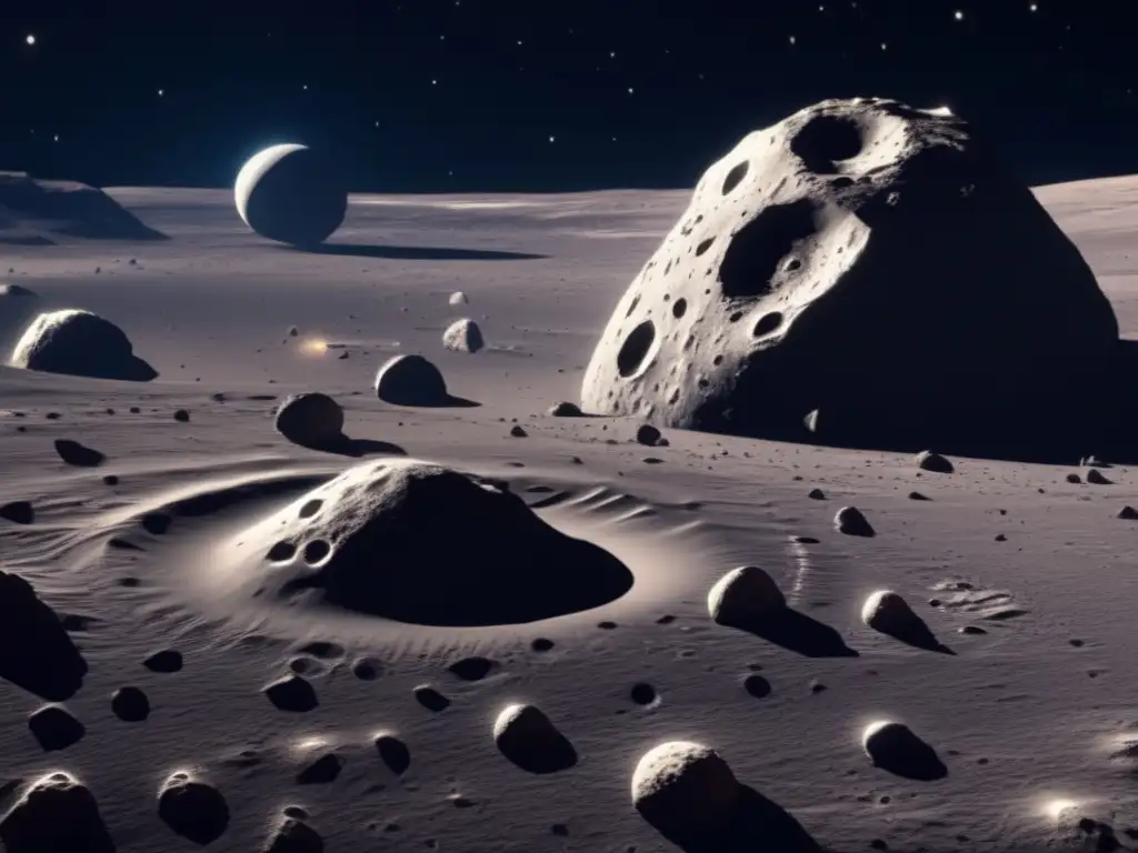 An illuminated asteroid, cratered and textured, dominates a black and empty space