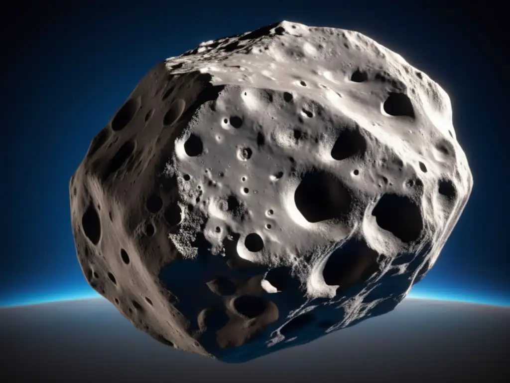 A breathtaking photorealistic closeup of asteroid 29075 1950 DA showcases its rugged surface features, including craters, ridges, and valleys