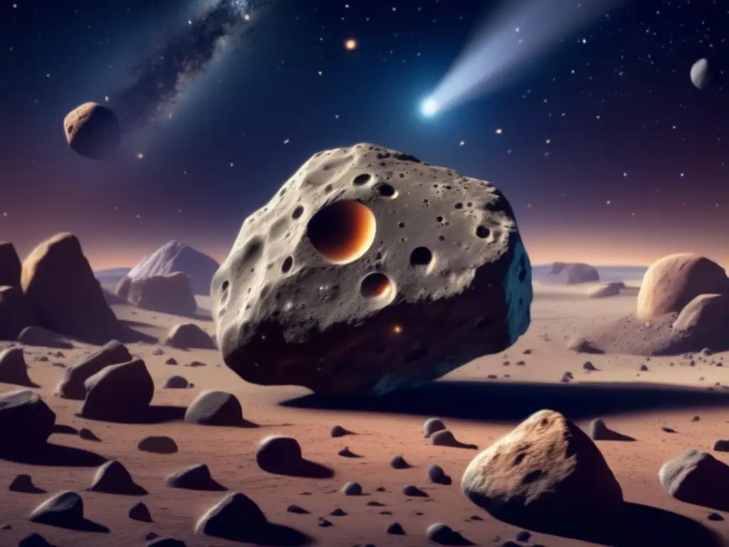 A breathtaking photorealistic image of an asteroid, soaring through the star-studded vastness of space