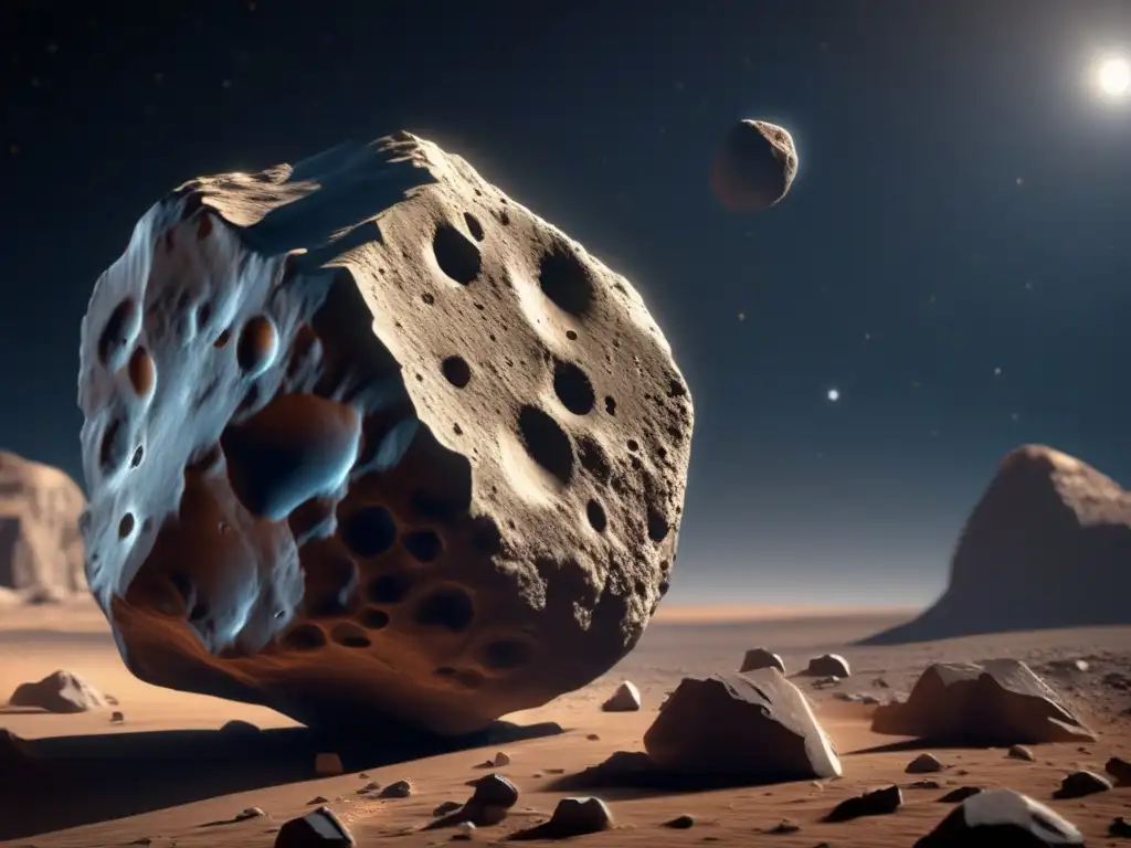 A stunning, highly detailed photorealistic image of an asteroid, with jagged, cratered surfaces and a closeup of its rocky terrain