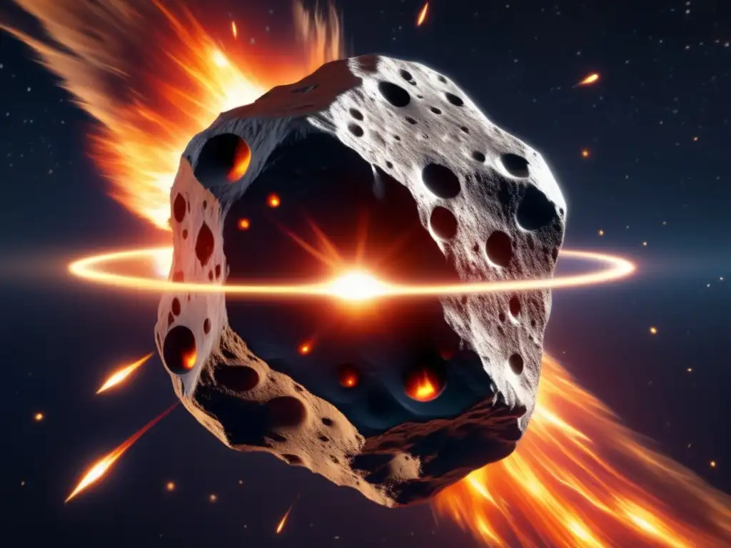 A breathtaking closeup of a fiery asteroid in midair, spinning and emitting intense flames against the blackness of space