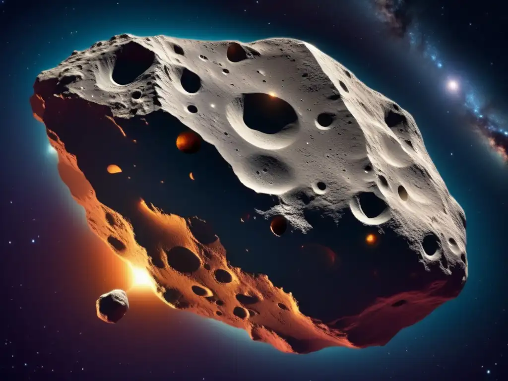 A breathtaking depiction of a celestial asteroid, showcasing its jagged surface, texture, and color variations against the vastness of space
