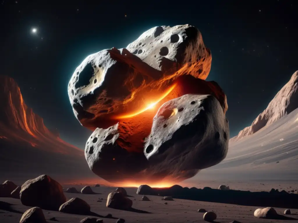Majestic of Asteroids: Photorealistic Depiction of Distant Space A photorealistic depiction of a enormous asteroid, illuminating the black expanse of space with intricate details and a grand sense of scale