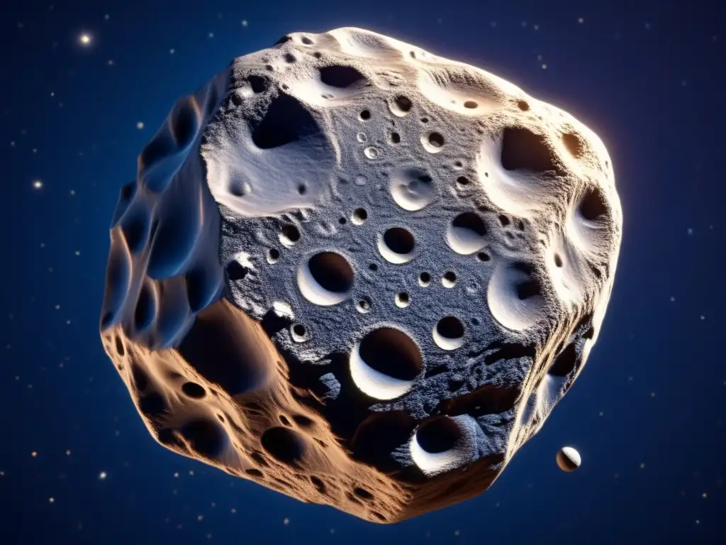 A closeup of the asteroid - its intricate patterns and details stand out against the dark blue space