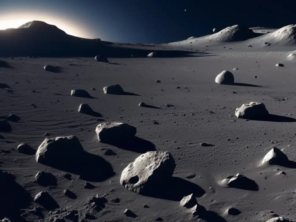 Rugged Asteroid Surface: A Closer Look at Uncharted Territory A hauntingly beautiful image of an asteroid's surface reveal its rugged terrain with craters, boulders, intricate textures, and shading