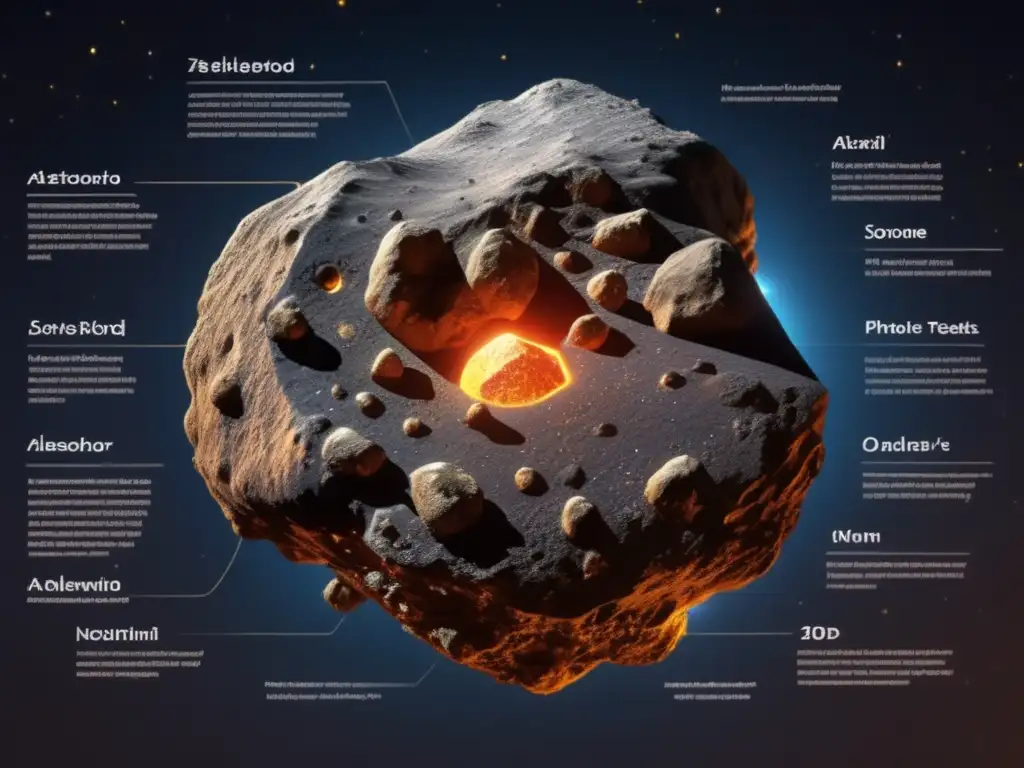 Detailed asteroid diagram - Geological features & alchemical symbols - Photorealistic style - Intricate surface textures - Perfect fit for the article