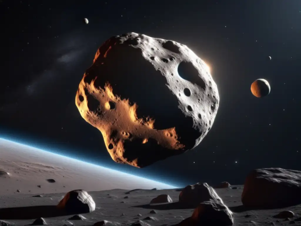 Dashing among the stars, an otherworldly giant hovers - an asteroid's intricate surface tells tales of cosmic history, its icy peaks catching the light, casting shadows on the stark universe around it