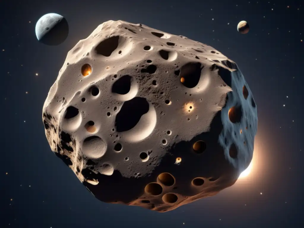 Asteroid with crevices, ridges, and formations floats in a dark void