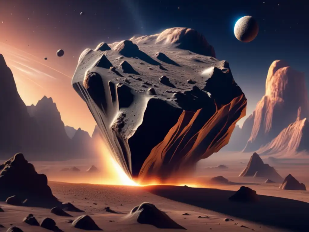 The photorealistic image captures a small asteroid in midair, with intricate details of strange indentations and formations visible on its surface