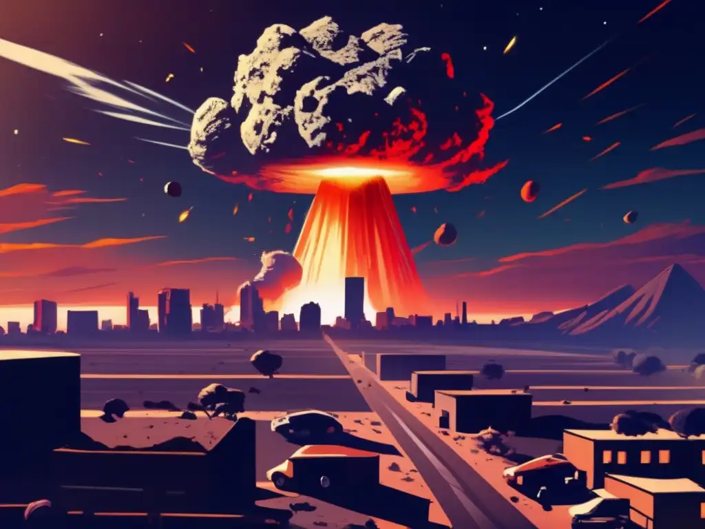 A colossal asteroid looms ominously over Earth, casting a gloomy shadow on the landscape below