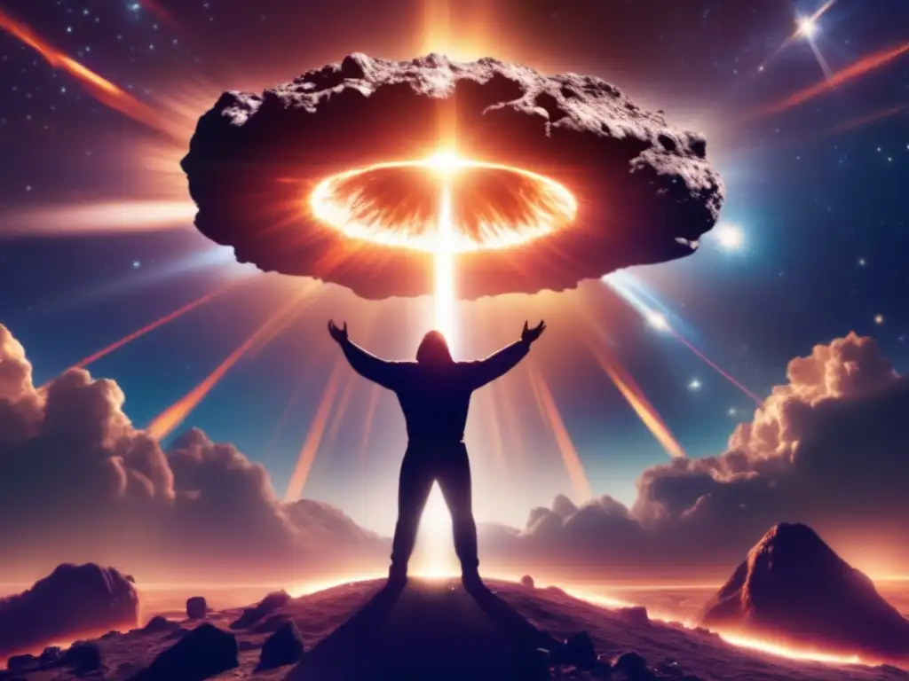Divine figure with stern expression and halo of light stands amidst asteroid explosion, surrounded by dark and vast cosmos