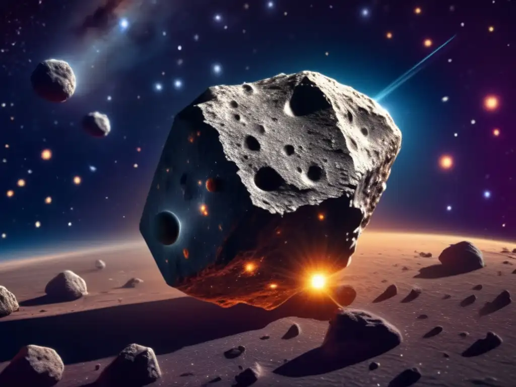 A stunning, photorealistic depiction of asteroid Dolon in a vast, star-filled cosmos, connecting with steamy vapor concerns