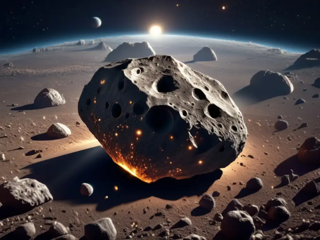 A stunning photograph of Asteroid Dolon captures its textured surface, with deep craters, jagged rocks, and intricate ridges clearly visible