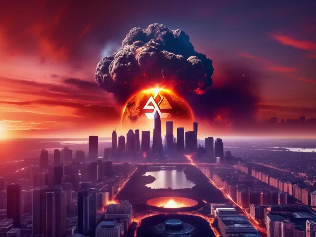 A photorealistic depiction of an asteroid hovering over a city skyline at sunset, with the Star of David shining in the background