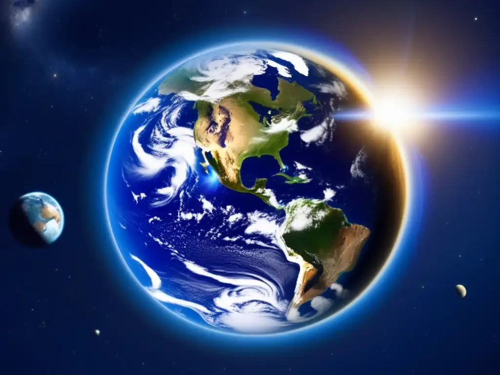 Planet Earth viewed from space with a large soccer-field-sized asteroid heading towards it rapidly