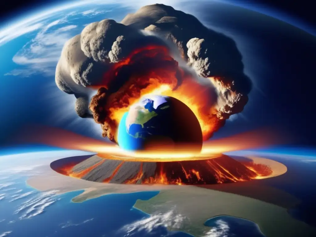 A satellite captures Earth in a panoramic view, revealing a colossal asteroid collision with a plate boundary