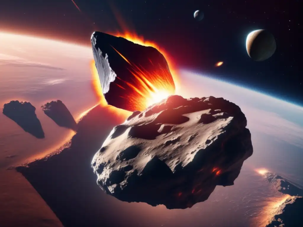An ominous, dark asteroid streaks towards Earth, its intense fire trail illuminating the background as the imposing size of Earth looms in comparison