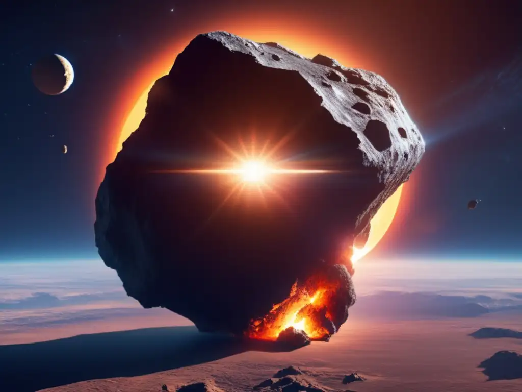 An awe-inspiring image of a giant asteroid, with the Earth in the backdrop, casts a long shadow over the sky as the sun rises
