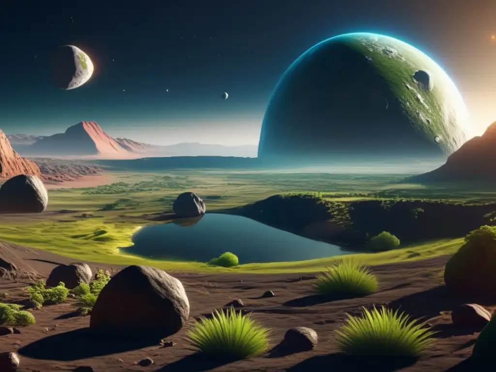 A beautiful and realistic image of an asteroid with a lush, Earth-like landscape on its surface