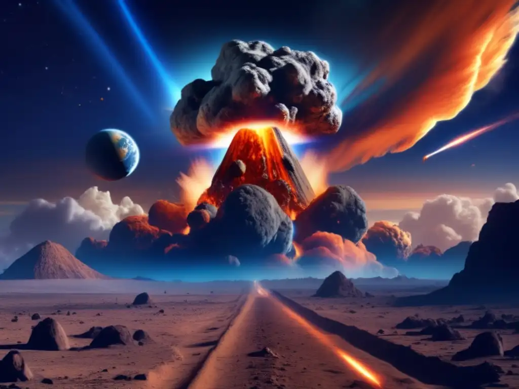 A breathtaking photorealistic image of a huge asteroid entering Earth's atmosphere, leaving a trail of smoke and debris in its wake