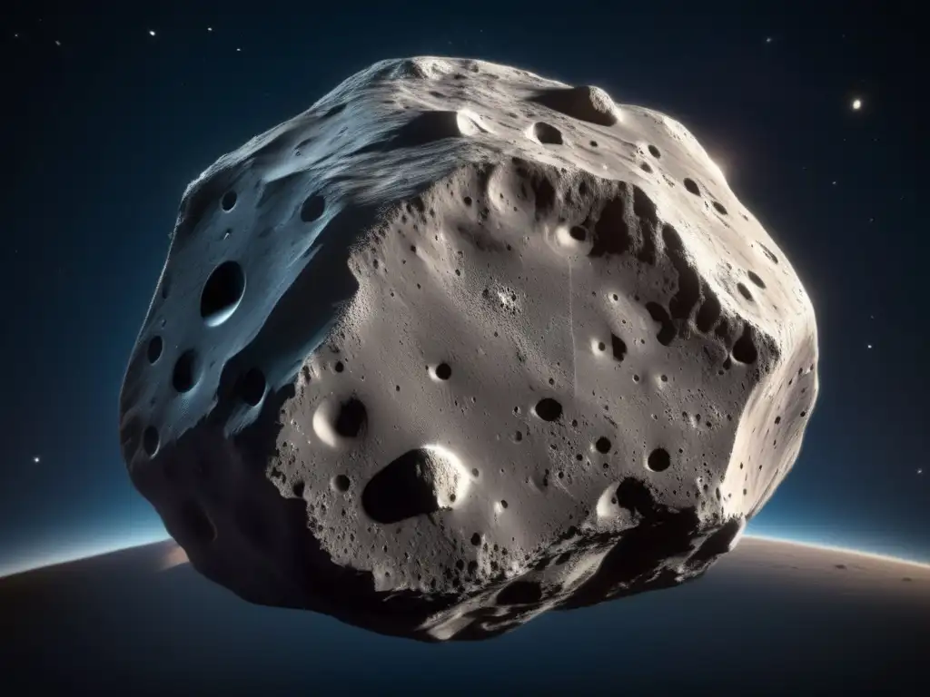 ('A stunning, photorealistic depiction of asteroid Eos, with over 36,000 detailed surface features exposed in vivid colors and textures