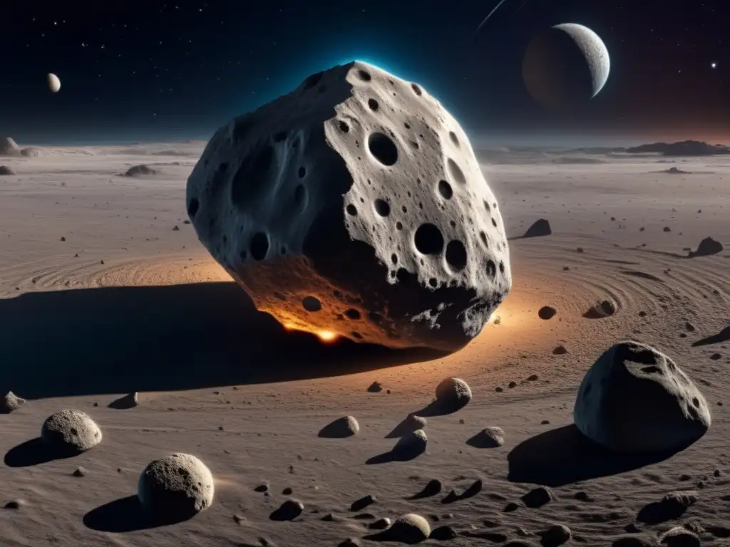 A photorealistic image of asteroid 'Callisto' shines brightly against the dark and vast surrounding space, with intricate surface details revealed in closeup view