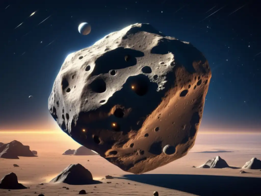A astronaut gazes upon a mesmerizing photorealistic image of Asteroid Euphorbus, also known as 1930 SD, immersed in the depths of space
