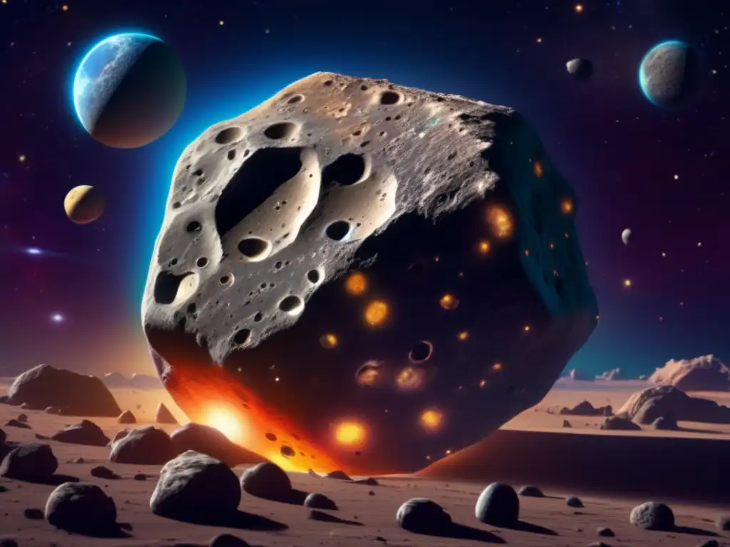 A breathtaking photorealistic depiction of the asteroid 'Euphorbus,' floating serenely in space, surrounded by celestial moons