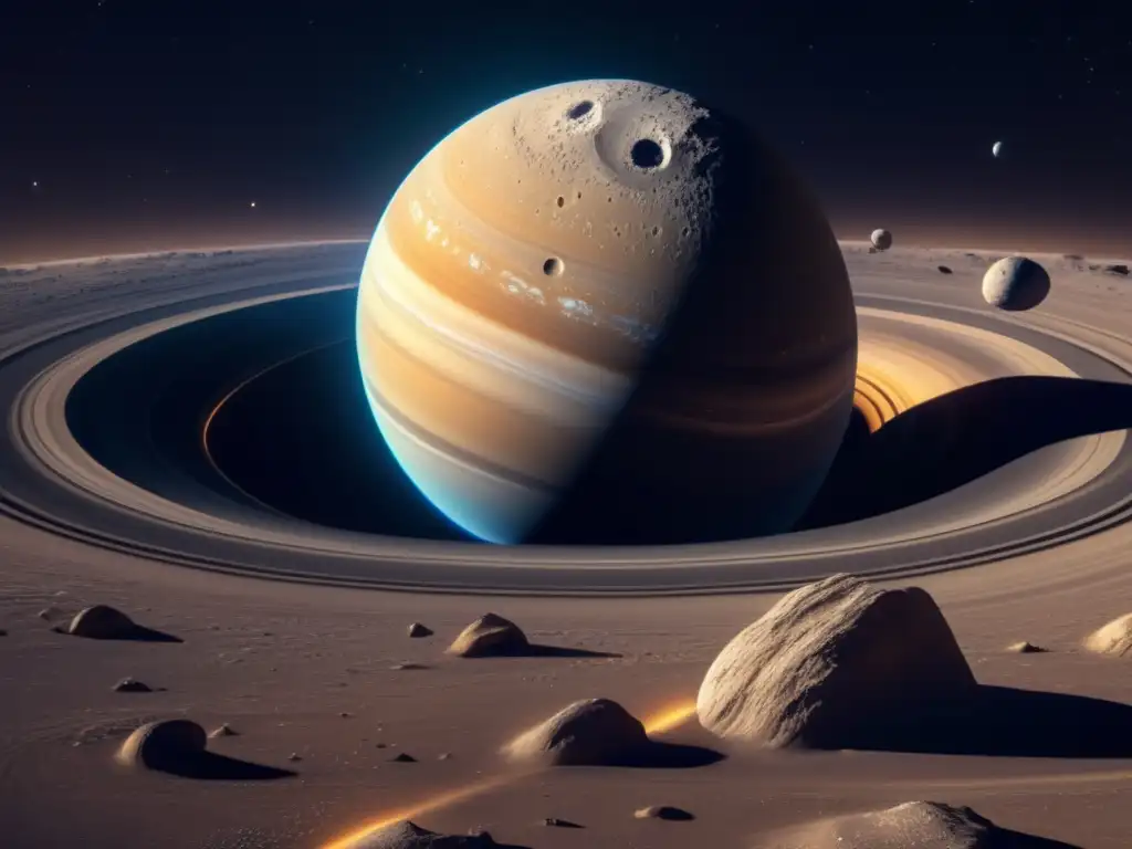 A closeup of Euphrosyne, a unique asteroid orbiting Saturn, reveals its intricate rock formations within a crater, while its karst-like terrain and debris surround it in this stunning photorealistic image