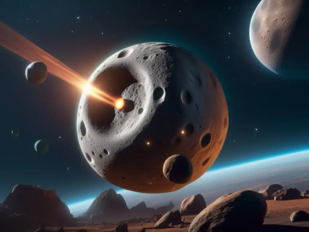 A breathtaking photorealistic portrayal of Asteroid Euryalus, orbiting in the asteroid belt with a magnificent and enigmatic Taijitu symbol in the backdrop