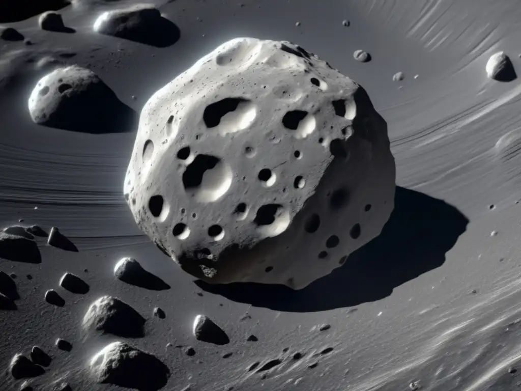 An extraordinary close-up view of a metallic gray and shimmering silver asteroid, intricately designed with textures, craters, and ridges