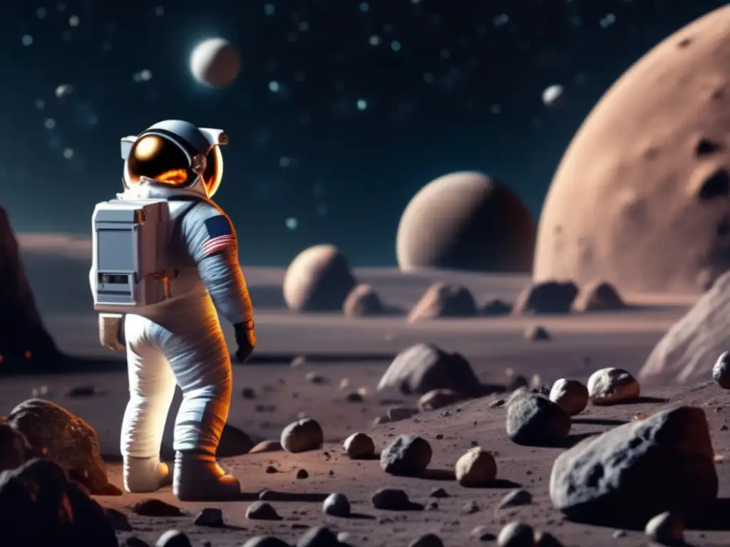 A breathtaking photorealistic image captures Asteroid Epeigeus's rocky surface surrounded by spacecrafts and astronauts in space suits, exploring the asteroid's secrets while surrounded by the stunning view of the galaxy