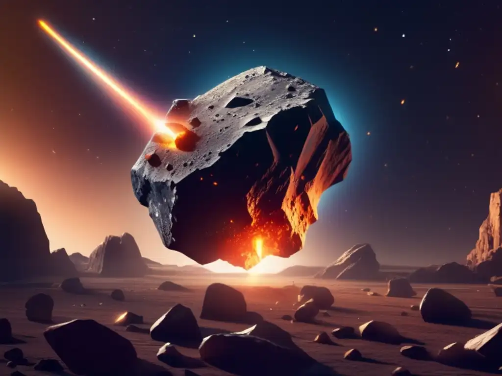 A photorealistic depiction of an asteroid spread across a dark background, radiating a celestial aura