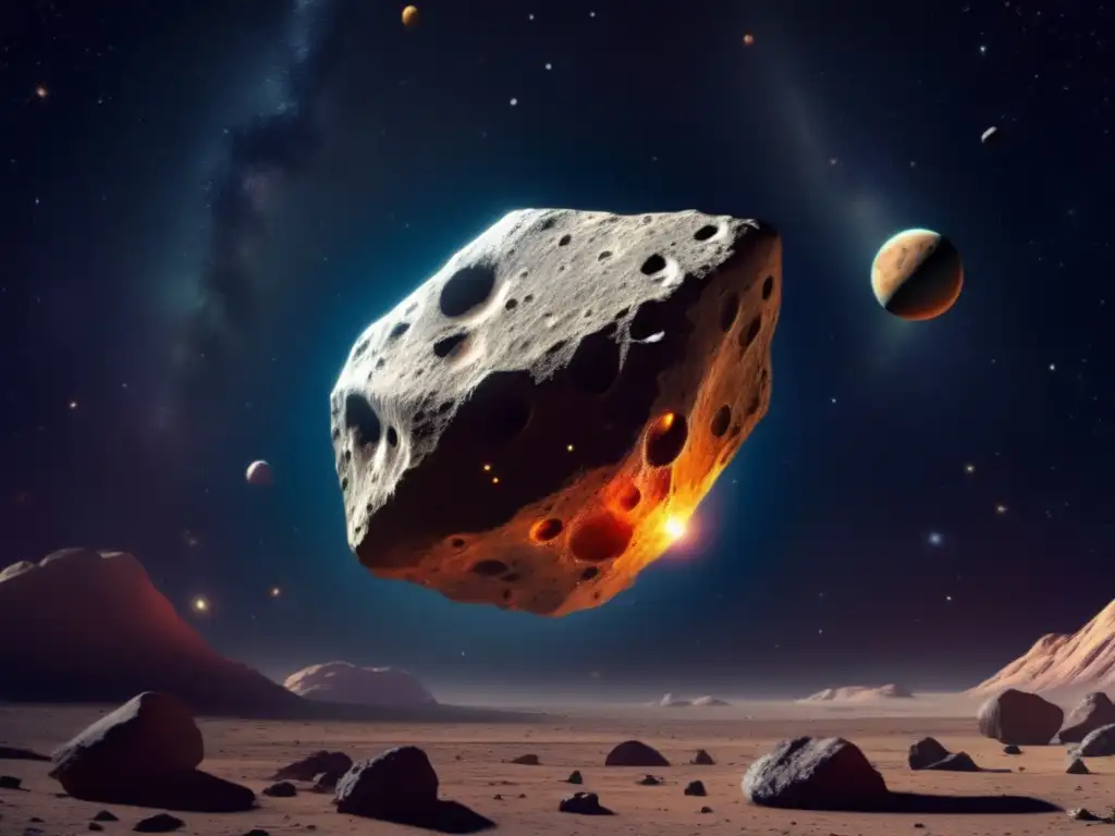 A stunning photorealistic image of a large asteroid in space, radiating with glowing lights and a rocky surface, captured from a close angle