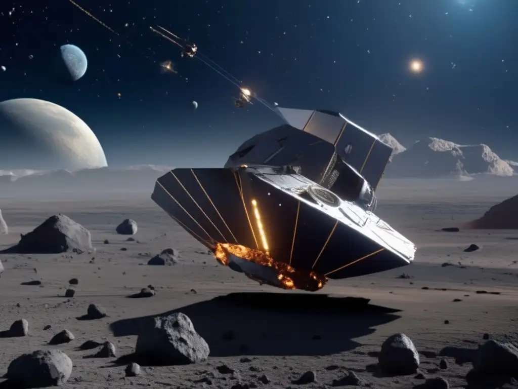The spacecraft's shrinkage and fragmentation are evident following an asteroid explosion in this photorealistic image