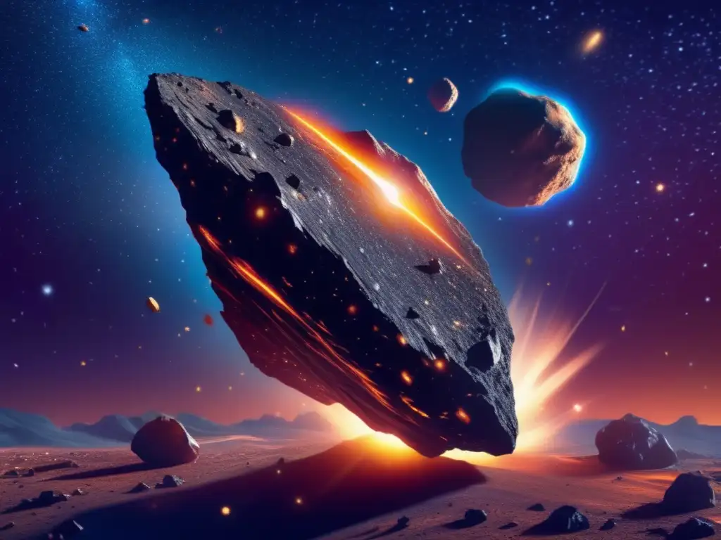 Incredible detail of a falling asteroid against a saturated starry sky, lit by realistic light and shadow effects