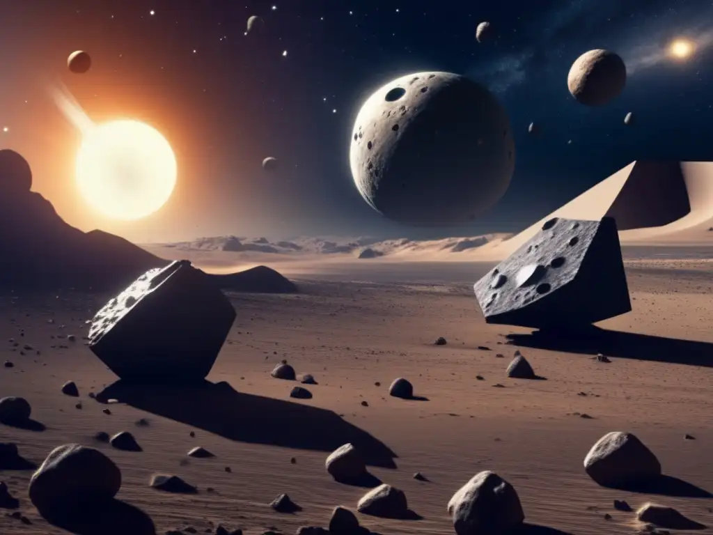 An unstable spacecraft bravely navigates through a chaotic asteroid field, its metal surface reflecting the swirling light of nearby asteroids