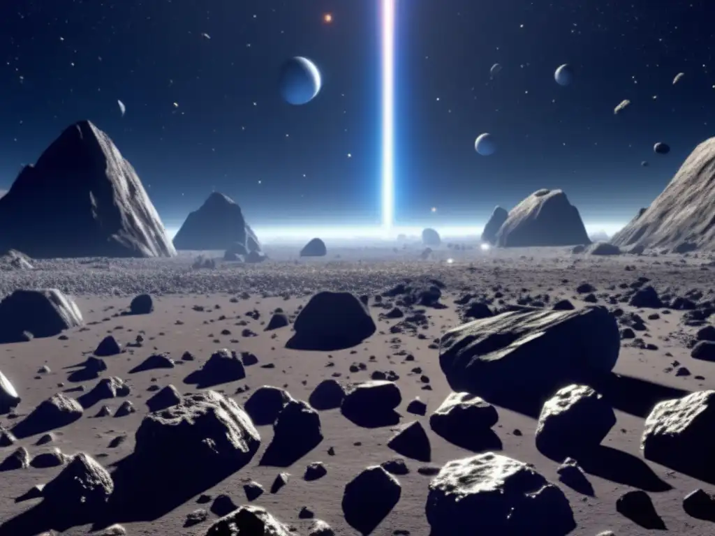 Universe in Peril: A Photorealistic Asteroid Field Encounter Dense asteroid field of metallic surfaces and jagged shapes, illuminated by star or cluster light
