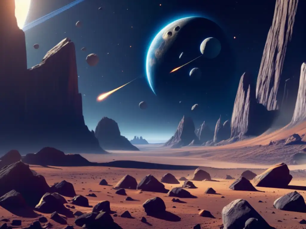A visually stunning photorealistic image of an asteroid field, with jagged rock formations obstructing a spacecraft's path, shot from a low angle