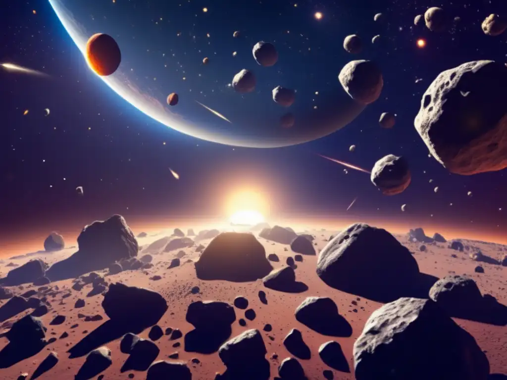 An image of a giant asteroid field, with diverse asteroids spinning and illuminating under the sun