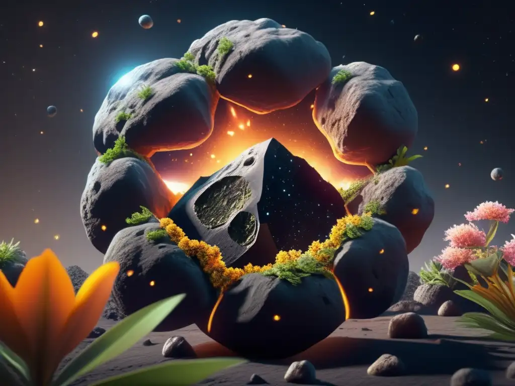 A closeup of a bustling flower bed on a celestial asteroid, with delicate and intricate flora flourishing amidst the endless void