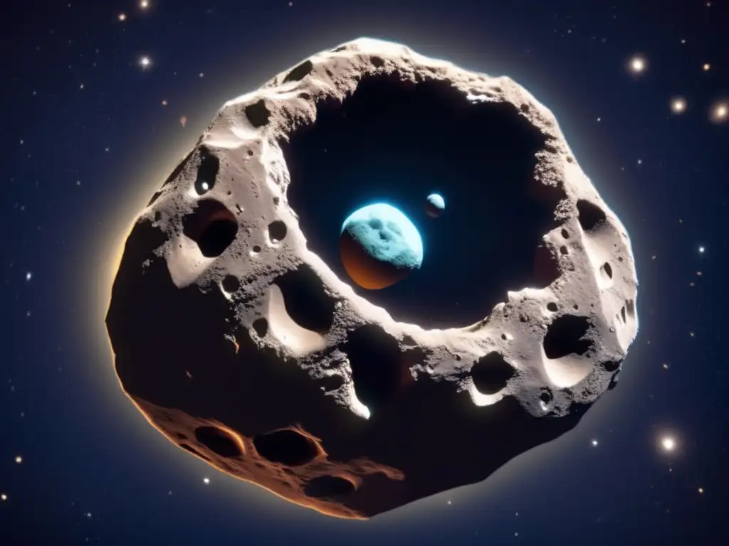 Dashing asteroid - See the deep football-shaped cavity in this close-up, floating in space amidst a dark, starry background