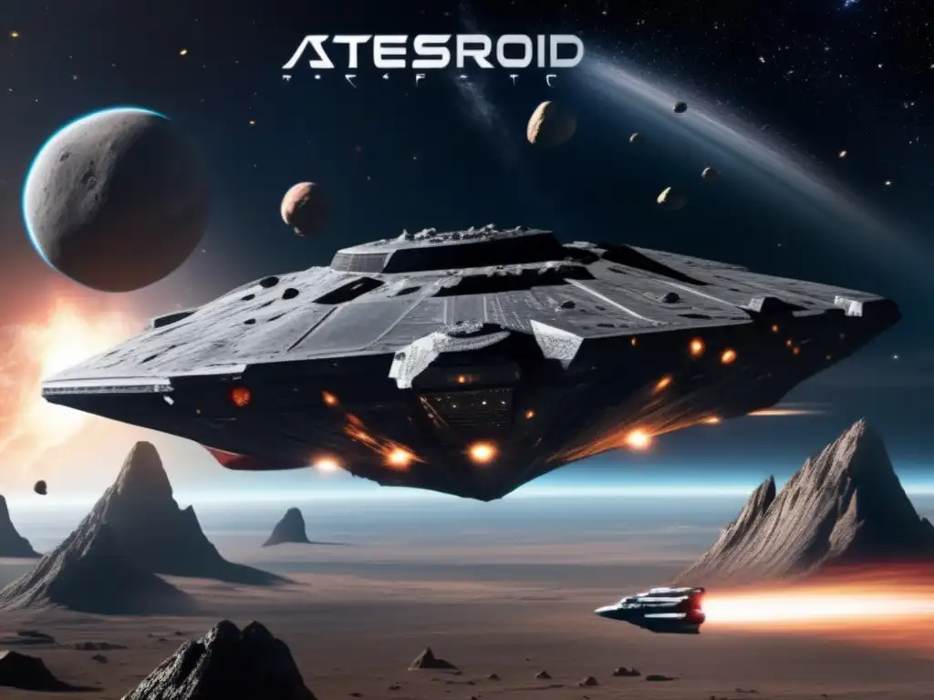Debrisstrewn, highly detailed image of a dark, craggy asteroid, showcasing its jagged edges and uneven surface as it hurtles through the vast emptiness of space
