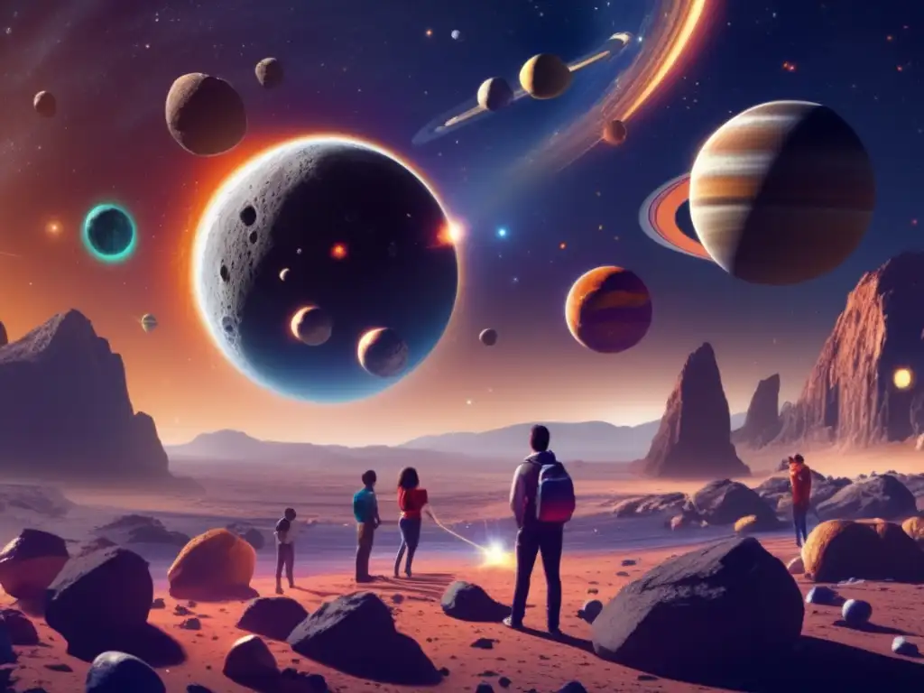 A stunning cosmic scene of an asteroid belt encirclng a diverse set of planets, each with their own vibrant planetary rings