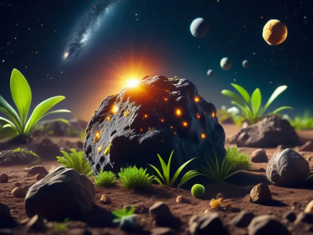 An astonishing closeup view of an asteroid's surface, transformed into a bountiful garden through space gardening