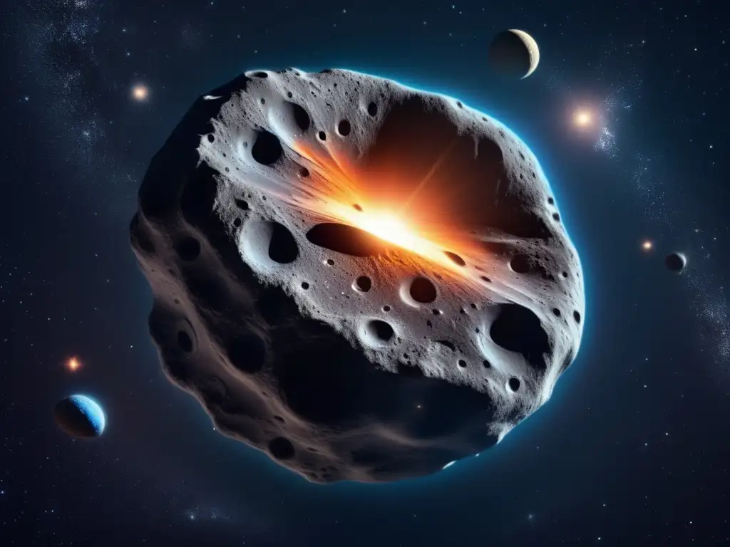 A breathtaking photo of Asteroid Glaucus, with its shimmering bluegray surface and jagged craters, captures attention in the vast, infinite darkness of space surrounded by twinkling nebulae, moons, and a radiant star system
